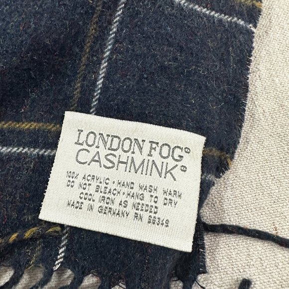London Fog Cashmink Fashion Scarf Blue Gold Plaid Pattern Made in Germany - Picture 2 of 8